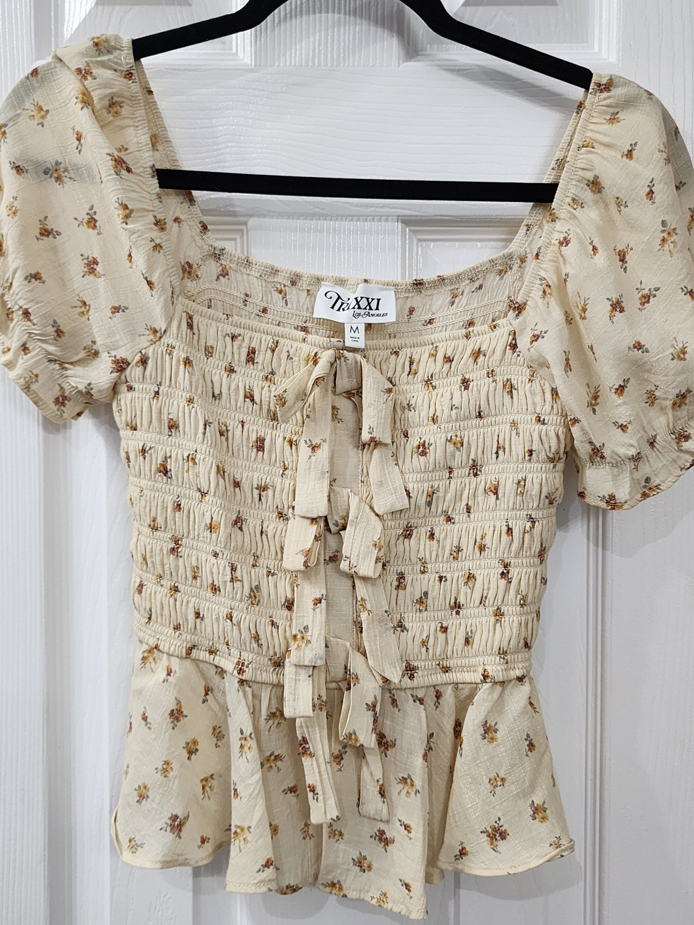 Trixxi Cream Floral Smocked Peplum Tie-Front Top